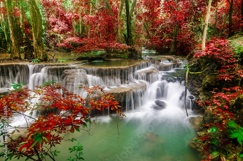  amazing of huay mae kamin waterfall in colorful autumn forest at Kanchanaburi  thailand