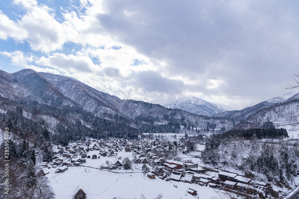Fototapeta premium Overlooking view of the village Shirakawa go in Japan, the world heritage in winter.