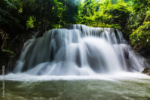 Fototapeta Naklejka Na Ścianę i Meble -  Huai Mae Kamin Waterfall in the rainy season at the tropical forest of Kanchanaburi National Park, Thailand