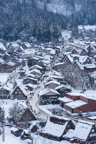 Overlooking view of the village Shirakawa go in Japan, the world heritage in winter.