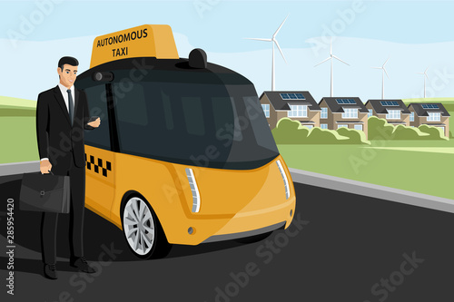 Businessman with smart phone ordering autonomous self driving taxi. Vector illustration.