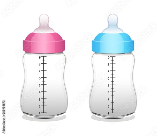  Baby bottles for girl and for boy. Vector illustrtion. 