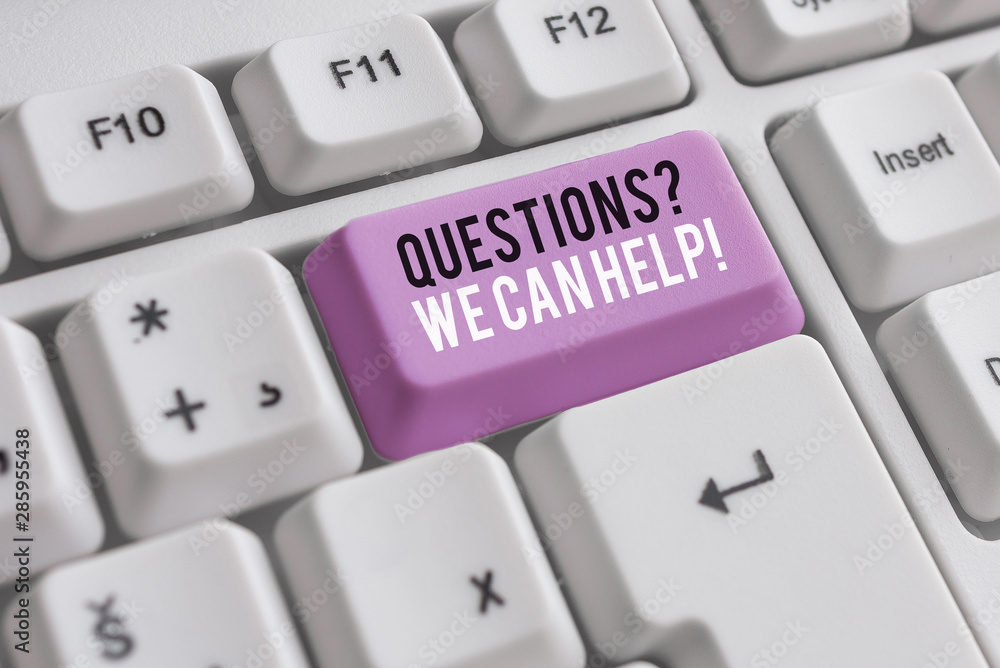 Word writing text Questionsquestion We Can Help. Business photo showcasing offering help to those who wants to know White pc keyboard with empty note paper above white background key copy space Word writing text Questionsquestion We Can Help. Business photo showcasing offering help to those who wants to know White pc keyboard with empty note paper above white background key copy space