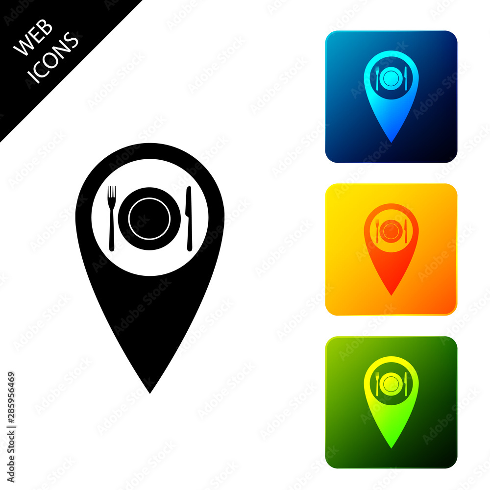Map pointer with restaurant and cutlery, dish, fork, knife icon isolated on white background. Set icons colorful square buttons. Vector Illustration Map pointer with restaurant and cutlery, dish, fork, knife icon isolated on white background. Set icons colorful square buttons. Vector Illustration