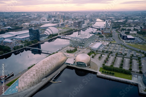 Canvas Print Aerial view of Glasgow science centre, SECC and Hydro Area on the river Clyde wa