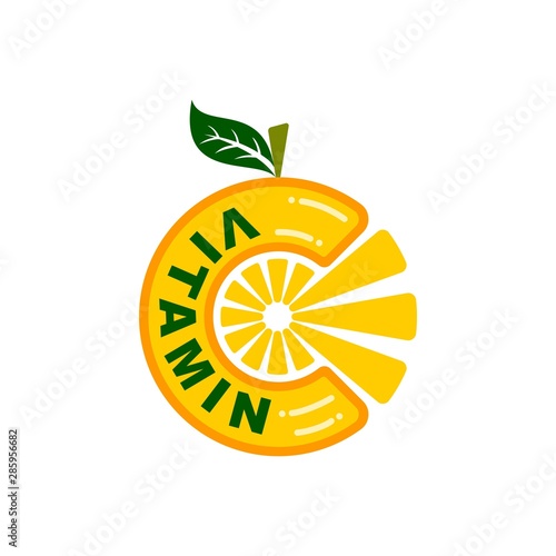 Vitamin C sign on orange fruit, nutrition logo label illustration.