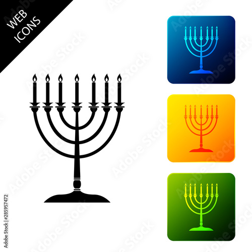 Hanukkah menorah icon isolated on white background. Religion icon. Hanukkah traditional symbol. Holiday religion, jewish festival of Lights. Set icons colorful square buttons. Vector Illustration