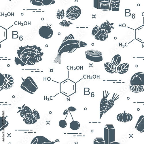 Seamless pattern with foods rich in vitamin B6.