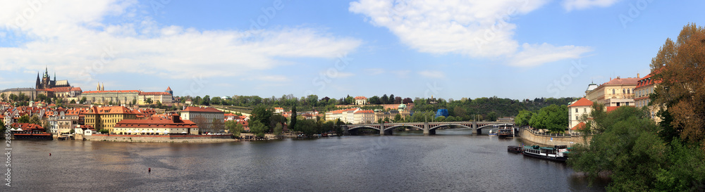 Beautiful panoramic view on Vltava river, and old town of Prague from Charles bridge. 