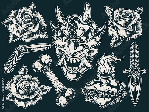 Vintage flash tattoos monochrome set