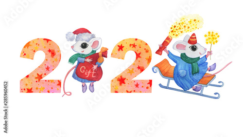 Inscription 2020 with a white cute little mouse in winter clothes. New Year greeting card with a mice. Cartoon watercolor hand drawn painting illustration  isolated on a white background.