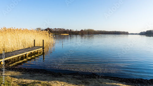 Landschaft mit Steg und Schilfgras an einem See