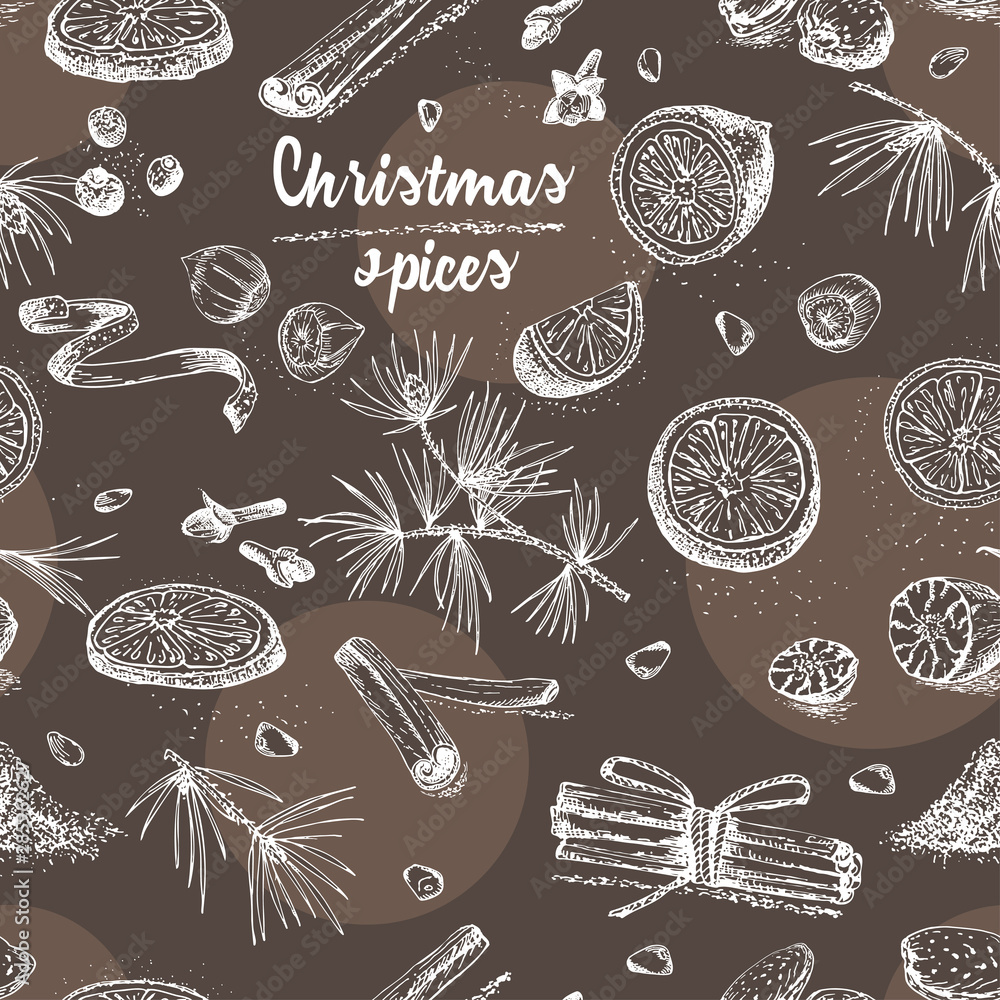 Naklejka Seamless pattern with hand drawn Christmas winter spices Traditionally used in made desserts, hot mulled wine, homemade cookies. Chalk board style art
