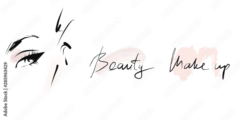 Young woman, beautiful girl face. Hand-drawn and calligraphic design elements on the theme of beauty and makeup. Vector Young woman, beautiful girl face. Hand-drawn and calligraphic design elements on the theme of beauty and makeup. Vector
