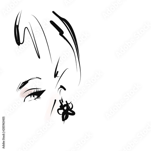 Hand-drawn portrait of young woman. Beautiful girl face. Fashion illustration in sketch style. Vector