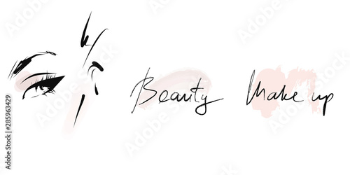 Young woman, beautiful girl face. Hand-drawn and calligraphic design elements on the theme of beauty and makeup. Vector