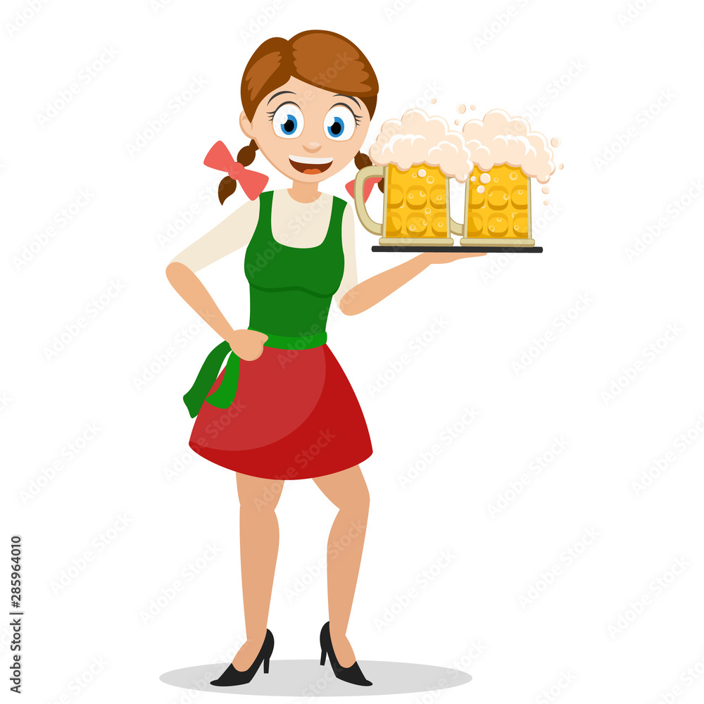 Girl holding on a tray two glasses of beer,a character on a white. Oktoberfest Girl holding on a tray two glasses of beer,a character on a white. Oktoberfest