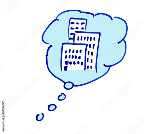 Illustration von einem Hochhaus in einer Gedankenblase zum Thema Immobilien