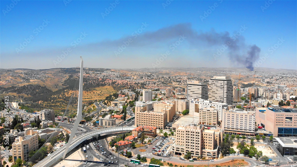 Fototapeta premium Jerusalem main entrance with Chords Bridge Aerial view Flying over Jerusalem entrance with Chords Bridge