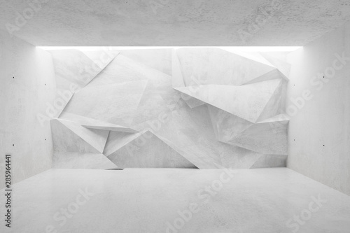 White concrete empty room with polygonal triangle abstract backwall lit from above - gallery or product showcase template  3D illustration