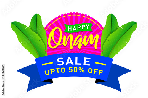 South India's festival Happy Onam Sale upto 50% off Banner, Logo design, Sticker, Concept, Greeting Card, Template, Icon, Poster, Unit, Label, Web, Mnemonic with banana leafs elements as a background 