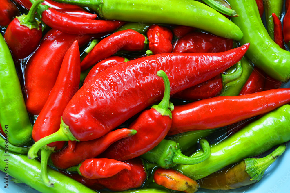 Bright hot red and green Ukrainian peppers in the water, healthy food and vegetables for health. Bright hot red and green Ukrainian peppers in the water, healthy food and vegetables for health.