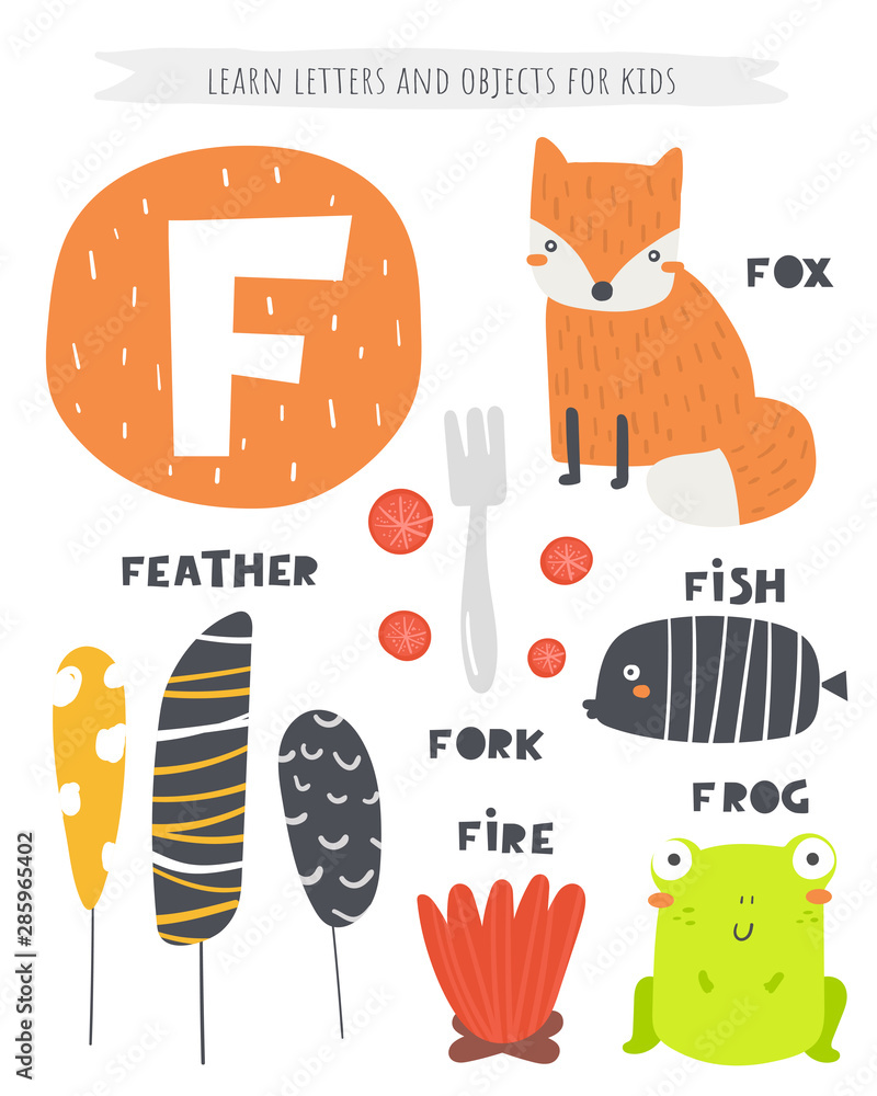 Vecteur Stock F letter objects and animals including fox, feather, fish