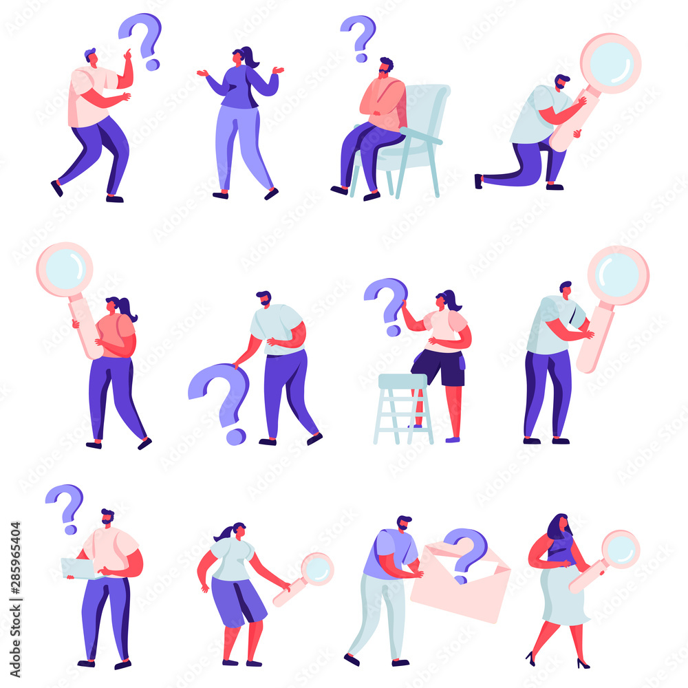 Set of flat people who are looking for something characters. Bundle cartoon people in various poses with question marks on white background. Vector illustration in flat modern style.