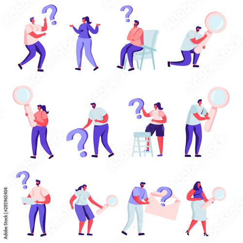 Set of flat people who are looking for something characters. Bundle cartoon people in various poses with question marks on white background. Vector illustration in flat modern style. © alexdndz