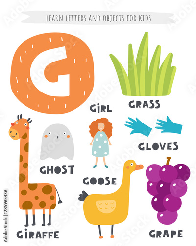 G letter objects and animals including giraffe, girl, goose, grape, ghost, gloves. Learn english alphabet, letters, words