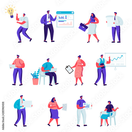 Set of flat business office people characters. Bundle cartoon people in various poses, graphs, data analysis on white background. Vector illustration in flat modern style. © alexdndz