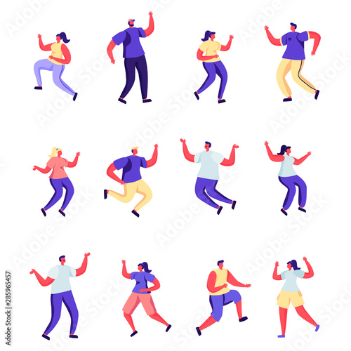 Set of flat people are jumping happiness characters. Bundle cartoon people jumping and rejoicing at the holiday on white background. Vector illustration in flat modern style.