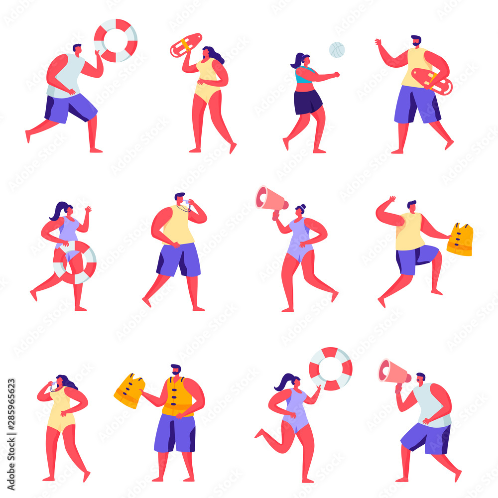 Set of flat people lifeguards on the beach characters. Bundle cartoon people showing safety rules before swimming on white background. Vector illustration in flat modern style. Set of flat people lifeguards on the beach characters. Bundle cartoon people showing safety rules before swimming on white background. Vector illustration in flat modern style.