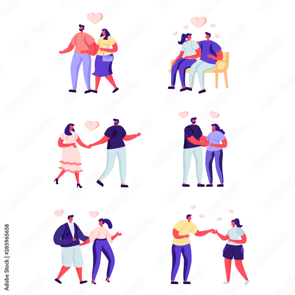Set of flat people love couple on a date characters. Bundle cartoon people boyfriend and girlfriend in different poses on white background. Vector illustration in flat modern style.