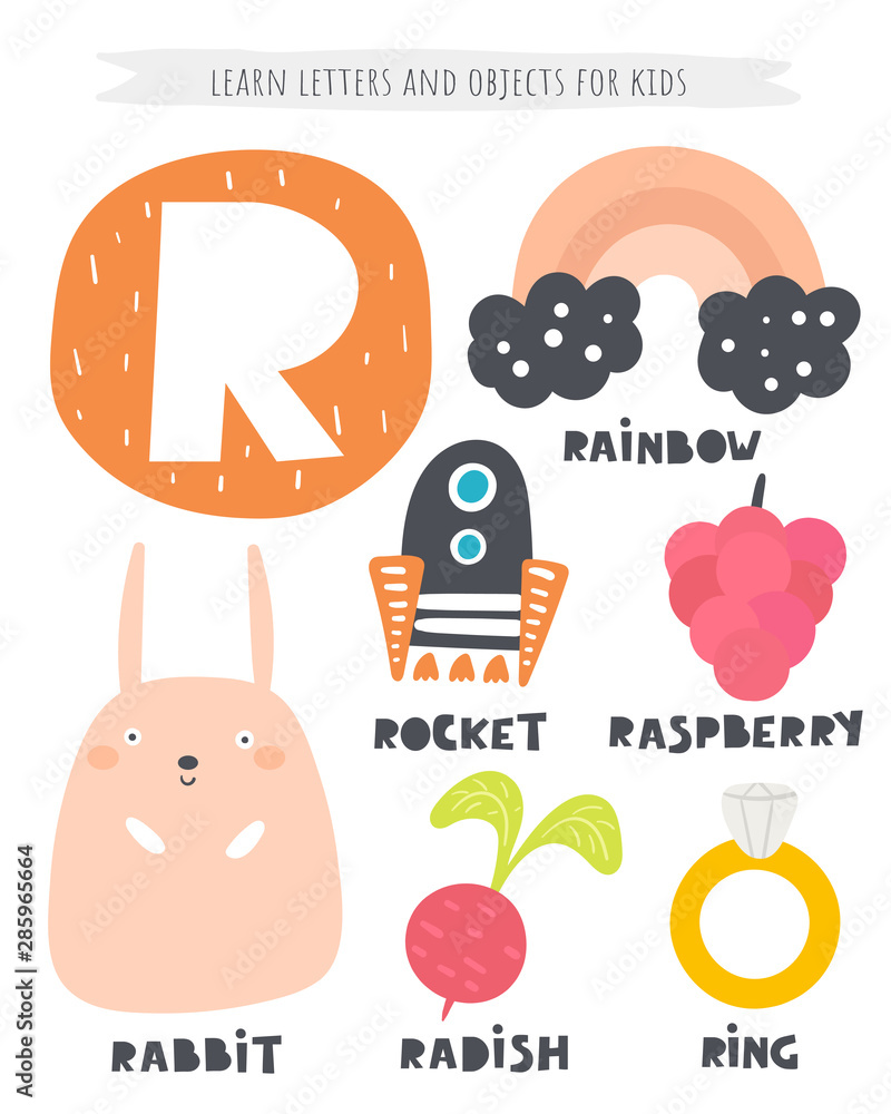 R letter objects and animals including rabbit, raspberry, rocket, rainbow,  radish, ring. Learn english alphabet, letters, words Stock Vector | Adobe  Stock