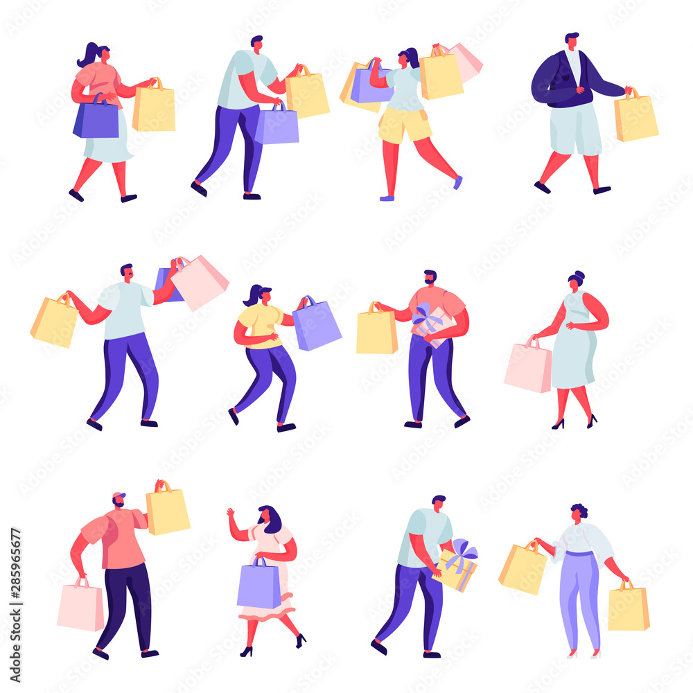 Set of flat people shopping at mall or supermarket characters. Bundle cartoon people joyful shoppers with packages on white background. Vector illustration in flat modern style.