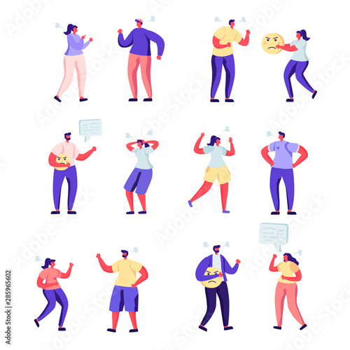 Set of flat people angry expression characters. Bundle cartoon people expressing discontent and anger on white background. Vector illustration in flat modern style.