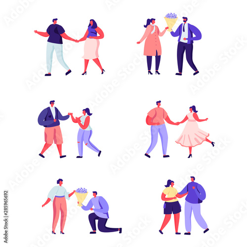 Set of flat people on a romantic date characters. Bundle cartoon people boys and girls holding hands, walking together on white background. Vector illustration in flat modern style.