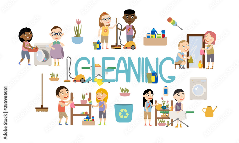 Set cute girls and boys doing housework. A family washes clothes, wipes mirrors, wipes dust, irones clothes, watering flowers and do cleaning. Flat cartoon vectorcartoon