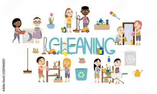 Set cute girls and boys doing housework. A family washes clothes, wipes mirrors, wipes dust, irones clothes, watering flowers and do cleaning. Flat cartoon vectorcartoon