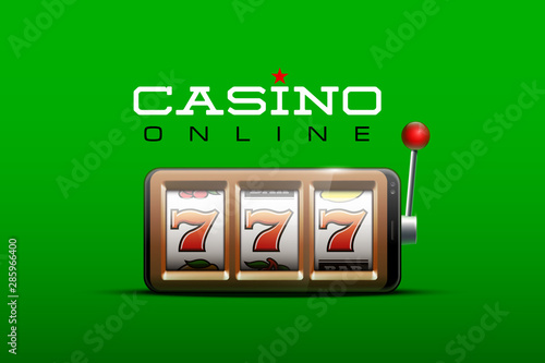 Illustration banner of mobile online casino application with 777 big win slot machine. Realistic advertising poster with online mobile app casino and Jackpot 777. Play now in One Armed Bandit banner