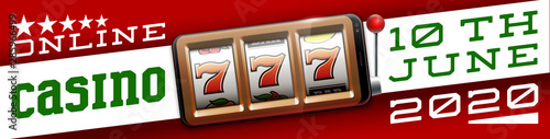 Illustration banner of mobile online casino application with 777 big win slot machine. Realistic advertising poster with online mobile app casino and Jackpot 777. Play now in One Armed Bandit banner