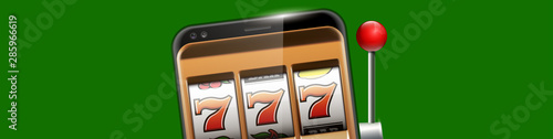 Illustration banner of mobile online casino application with 777 big win slot machine. Realistic advertising poster with online mobile app casino and Jackpot 777. Play now in One Armed Bandit banner