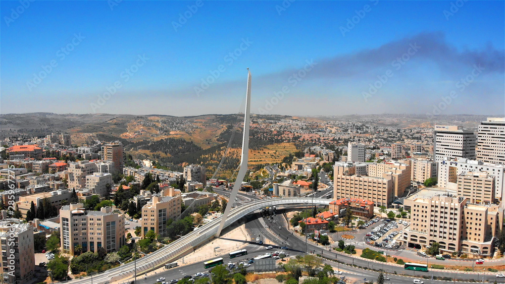 Fototapeta premium Jerusalem main entrance with Chords Bridge Aerial view Flying over Jerusalem entrance with Chords Bridge