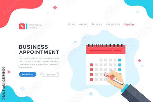 Business appointment. Meeting, schedule, event concept. Human hand mark the date on calendar. Modern flat design graphic elements for web banner, landing page template, website. Vector illustration