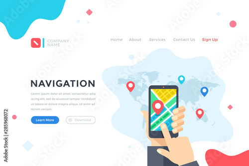 Navigation. Location, GPS app, maps concept. Hand holding smartphone with navigation app. Modern flat design graphic elements for web banner, landing page template, website. Vector illustration