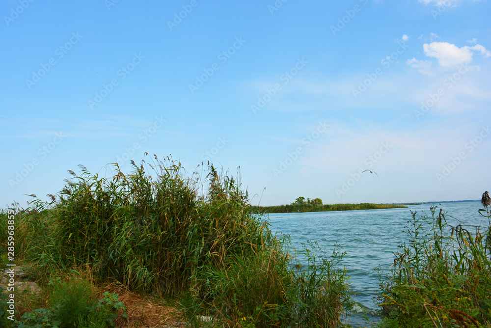 Beautiful view of the Samara River with picturesque steep banks and coast, trees, greenery and rich sky. Bright and unforgettable nature in the housing estate, Shevchenko, Dnipro, Ukraine. Beautiful view of the Samara River with picturesque steep banks and coast, trees, greenery and rich sky. Bright and unforgettable nature in the housing estate, Shevchenko, Dnipro, Ukraine.