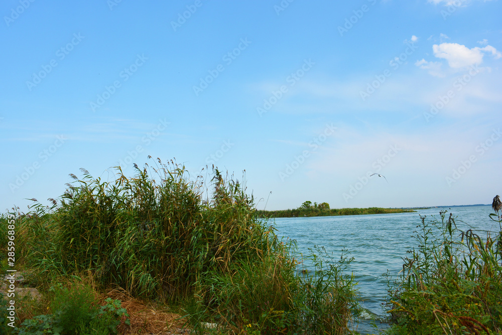 Beautiful view of the Samara River with picturesque steep banks and coast, trees, greenery and rich sky. Bright and unforgettable nature in the housing estate, Shevchenko, Dnipro, Ukraine.