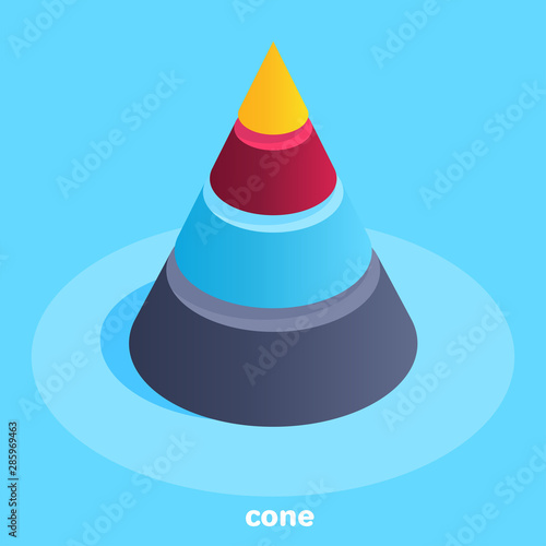 isometric vector image on a blue background, a pyramid in the form of a cone is divided proportionally into several parts, analytics in business and work with diagrams