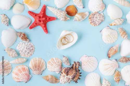 Rings on a shell, a decor for a wedding table on the shells frame background. Tropical weddings. Copy space